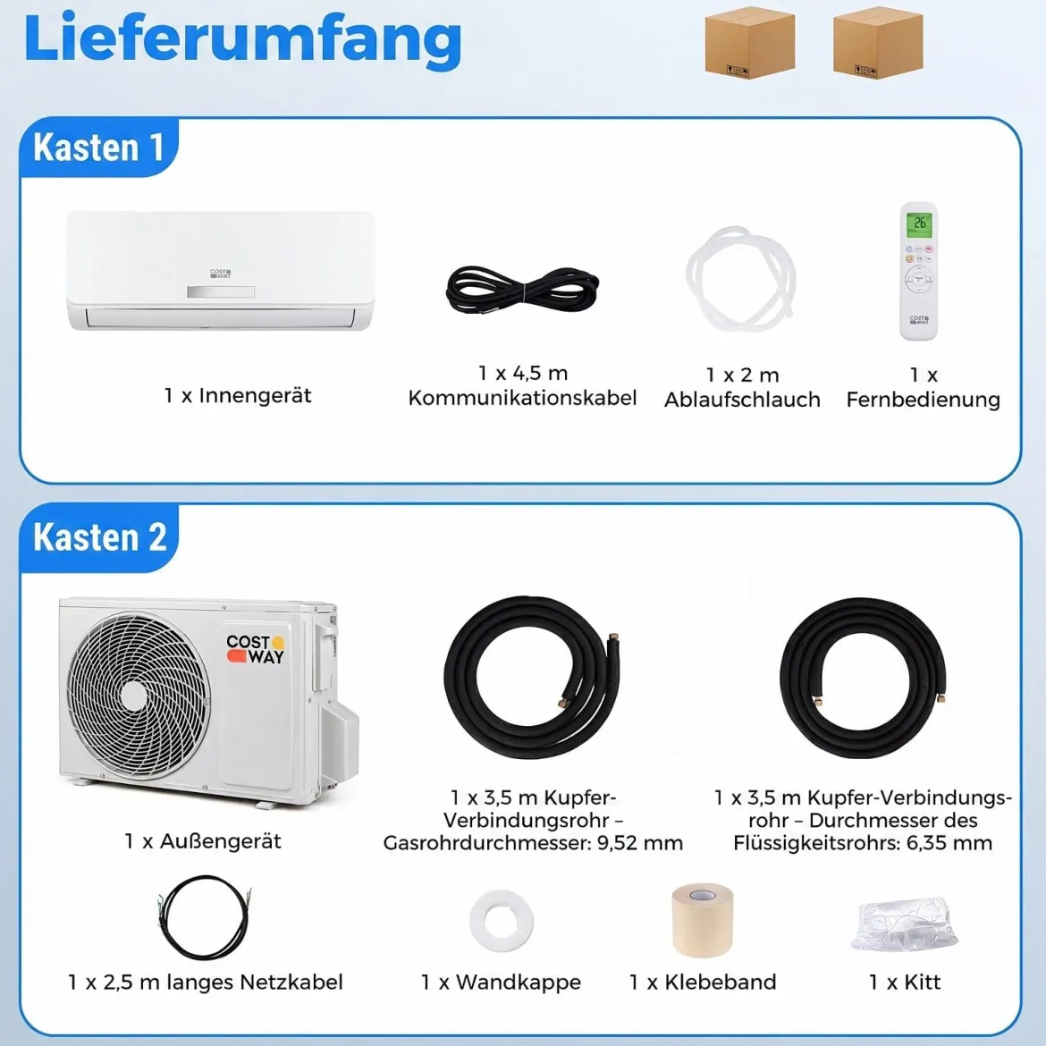 Split Klimaanlage 12000BTU (3,4 kW) mit Heizfunktion Klimasplittgeräte leise mit Kältemittel R32 & Montagematerial