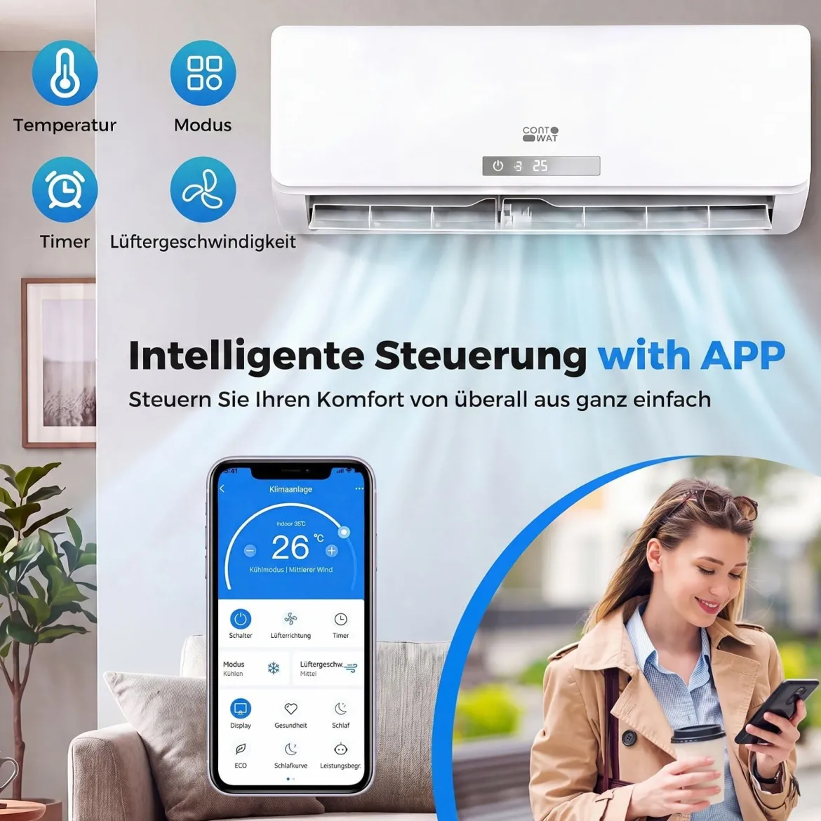 Split Klimaanlage 12000BTU (3,4 kW) mit Heizfunktion Klimasplittgeräte leise mit Kältemittel R32 & Montagematerial