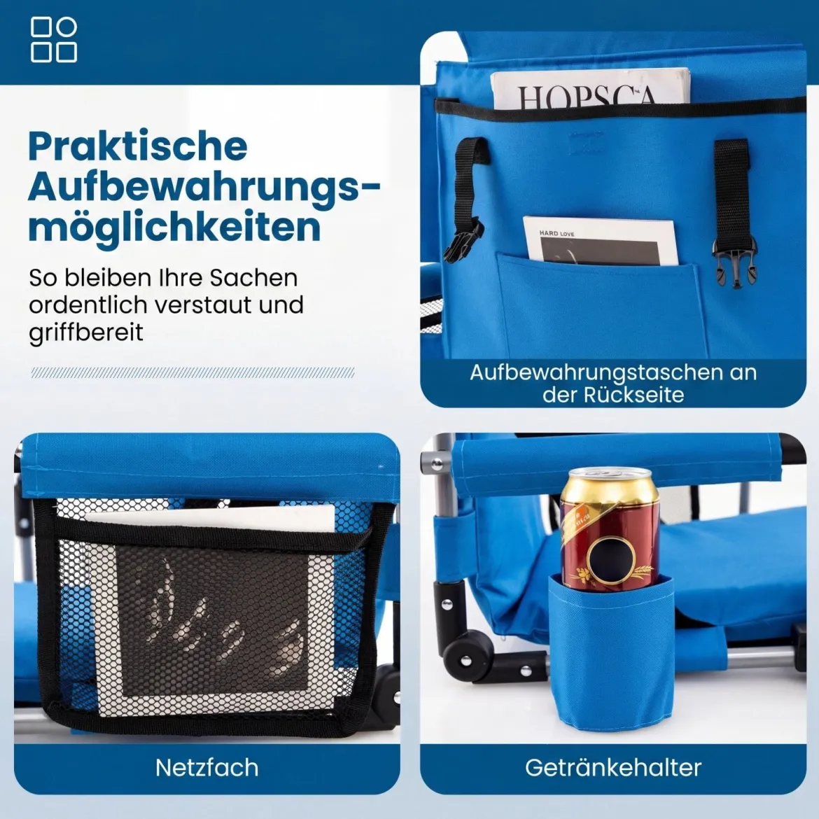 Stadionsitz Faltbarer Outdoor Bodenstuhl mit Rückenlehne & Armlehnen Gepolstertes Sitzkissen Blau