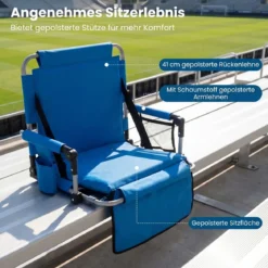 Stadionsitz Faltbarer Outdoor Bodenstuhl mit Rückenlehne & Armlehnen Gepolstertes Sitzkissen Blau