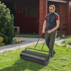 Stahl Rasenroller mit Wasser und Sand Walze Rasenroller mit schwerer Walze Handwalze mit U-förmigem Griff Schwarz