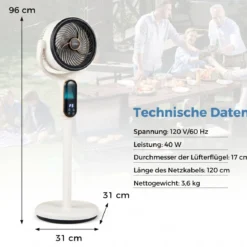 Standventilator 54-96 cm Höhenverstellbarer Ventilator mit 8 Stufen 12 Stunden Timer Weiß