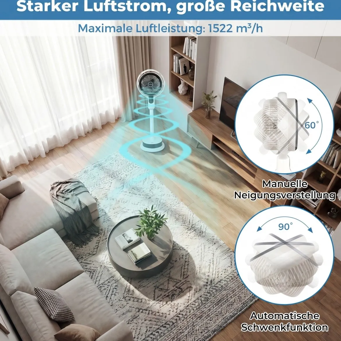 Standventilator mit Fernbedienung Leiser Ventilator mit 90°-Schwenkfunktion