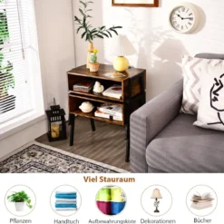 2 stapelbare Nachttische mit Metallrahmen offene Ablagefächer & geräumige Tischplatte Braun