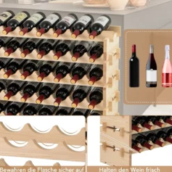 Stapelbares modulares Weinregal für 60 Flaschen 6-stöckiges Flaschenregal für Weinsammlungen Natur