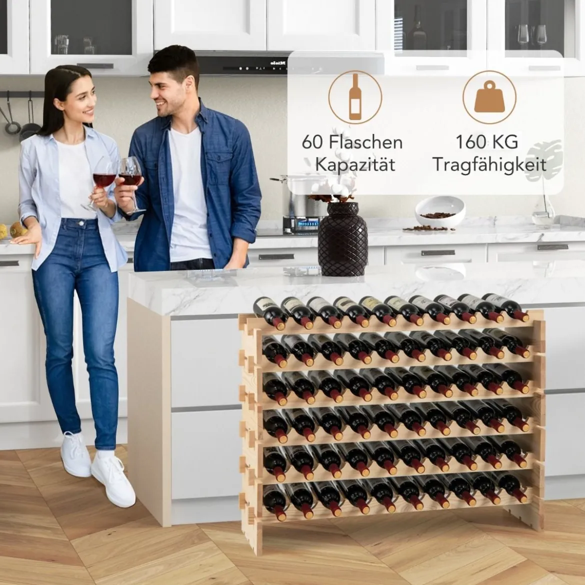 Stapelbares modulares Weinregal für 60 Flaschen 6-stöckiges Flaschenregal für Weinsammlungen Natur