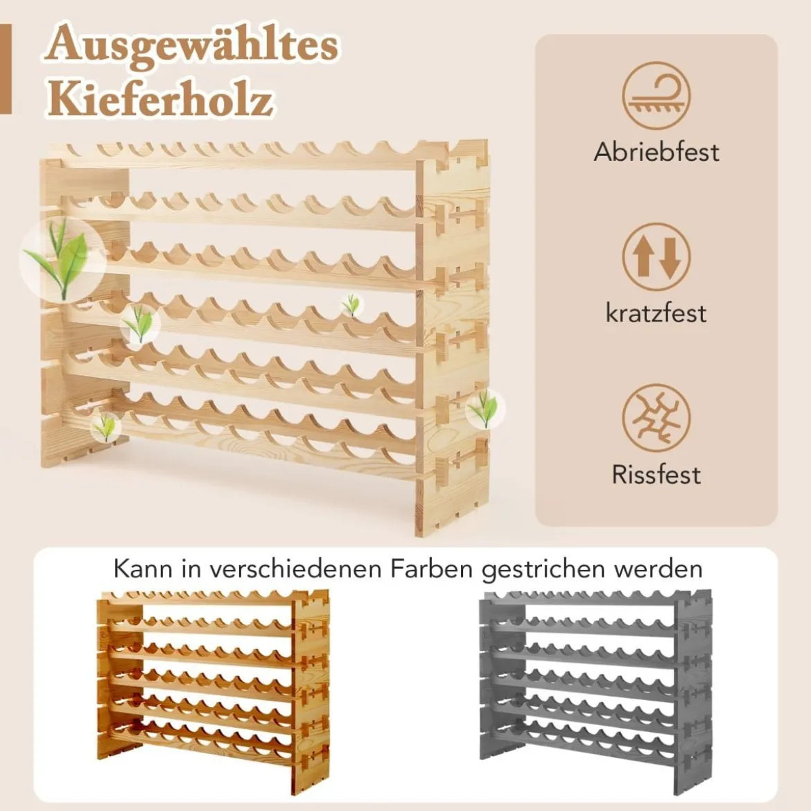 Stapelbares modulares Weinregal für 60 Flaschen 6-stöckiges Flaschenregal für Weinsammlungen Natur