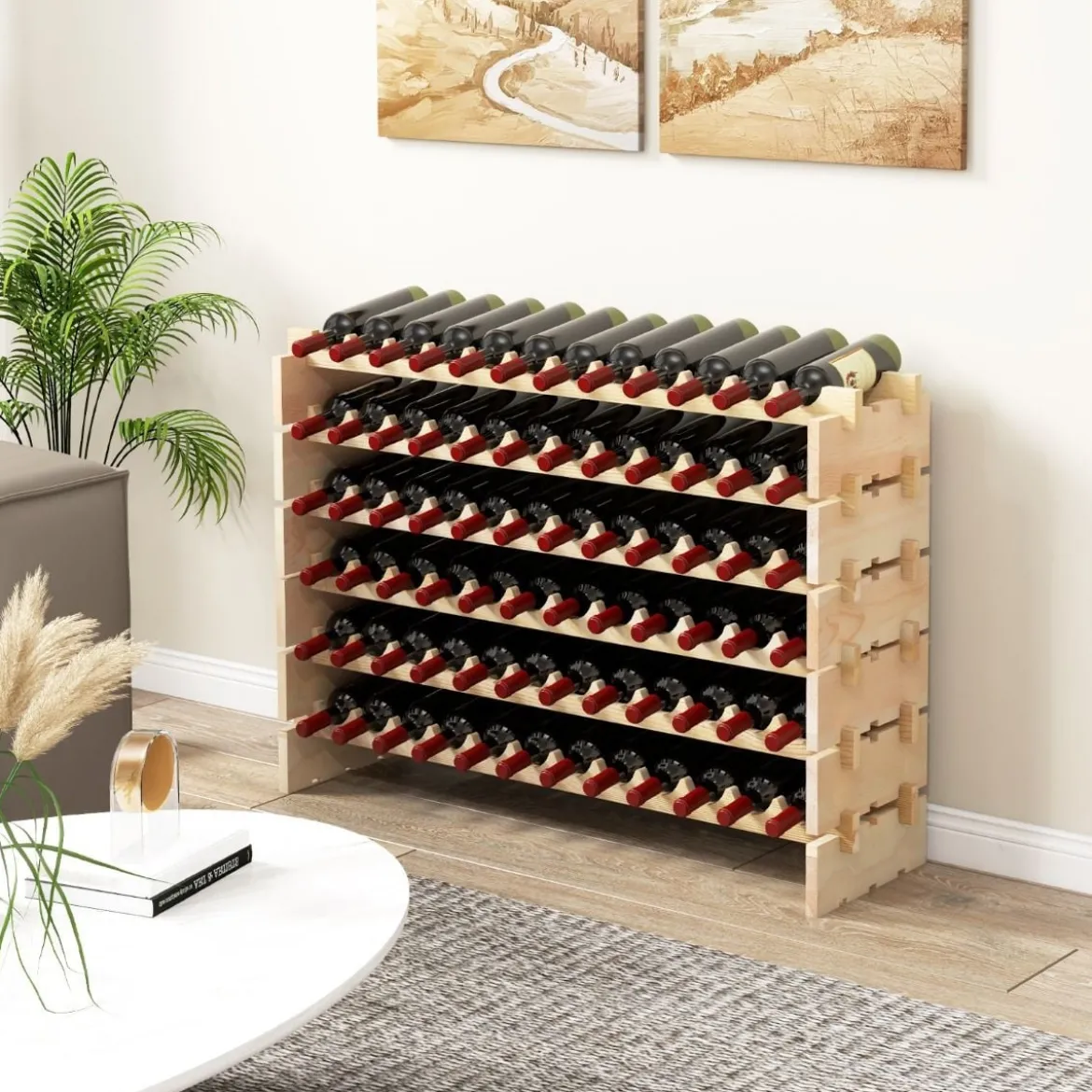 Stapelbares modulares Weinregal für 60 Flaschen 6-stöckiges Flaschenregal für Weinsammlungen Natur