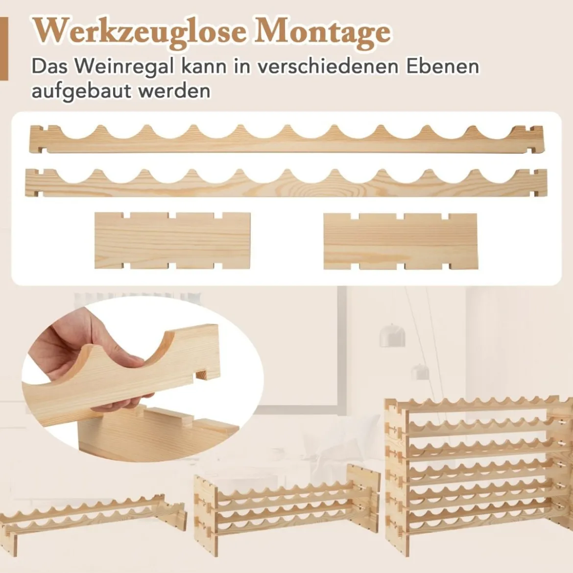 Stapelbares modulares Weinregal für 60 Flaschen 6-stöckiges Flaschenregal für Weinsammlungen Natur