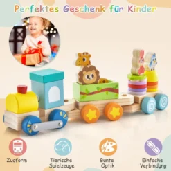 Stapelbares Zug-Set aus Holz mit bunten Tierfiguren & lustigen Holzwaggons für Jungen & Mädchen ab 3 Jahren