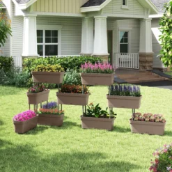 6 Stück Blumenkästen DIY-Design 49 cm lang Pflanzkästen mit Drainagesystem Blumentöpfe aus Kunststoff Grau