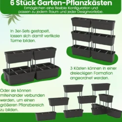 6 Stück Blumenkästen mit Drainagesystem Pflanzkästen Vertikales Hochbeet Pflanzkübel Schwarz