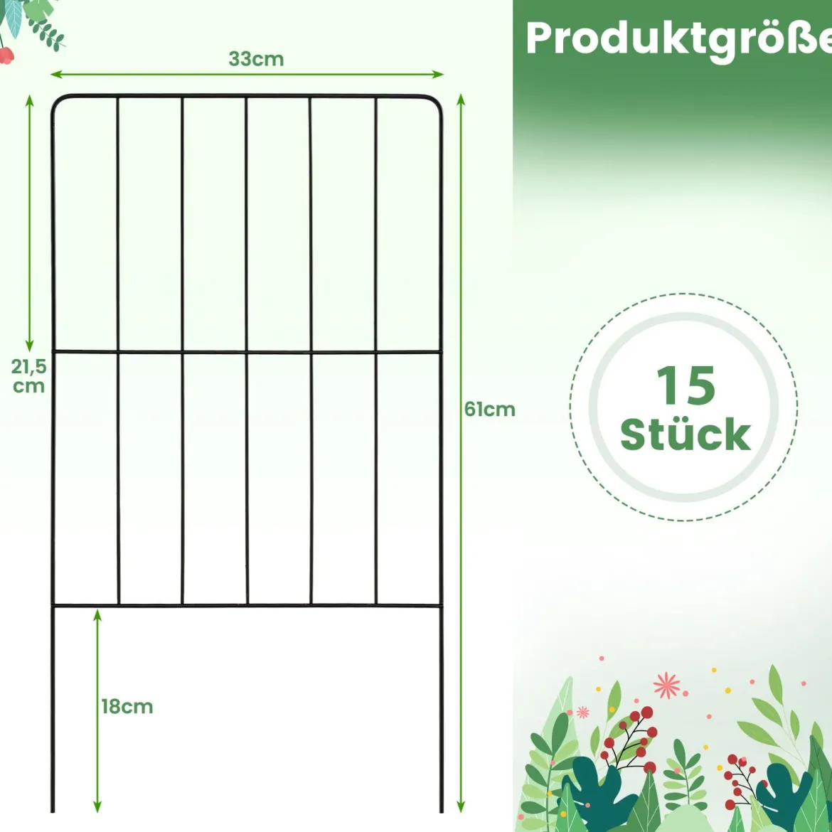 15 Stück Dekorativer Gartenzaun Metall Beetzaun Steckzaun Dekozaun Absperrzaun Schwarz