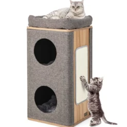 3-stöckige Katzenhöhle mit Kratzbrett & 3 Matten Spieltonne für Katzen bis 20 kg Grau + Natur