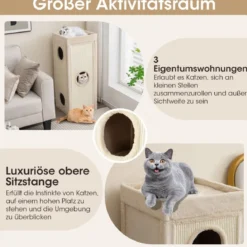 4-stöckige Kratztonne mit 3 Katzenhöhlen & Kissen Kratzbaum für Katzen bis 25 kg Spieltonne Natur
