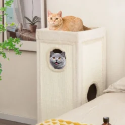 4-stöckige Kratztonne mit 3 Katzenhöhlen & Kissen Kratzbaum für Katzen bis 25 kg Spieltonne Natur