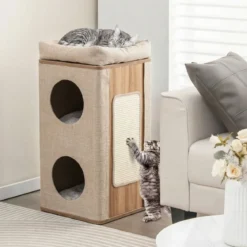 3-stöckige Kratztonne mit Kratzbrett & 3 Matten Kratzbaum für Katzen bis 20 kg Beige + Natur