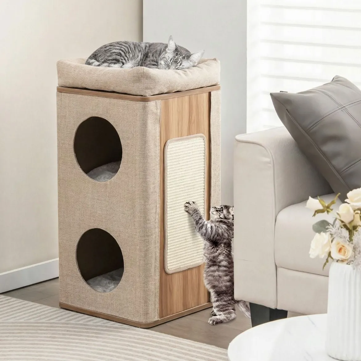 3-stöckige Kratztonne mit Kratzbrett & 3 Matten Kratzbaum für Katzen bis 20 kg Beige + Natur