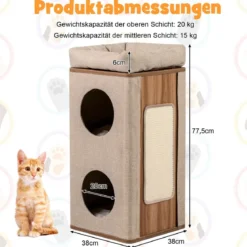 3-stöckige Kratztonne mit Kratzbrett & 3 Matten Kratzbaum für Katzen bis 20 kg Beige + Natur