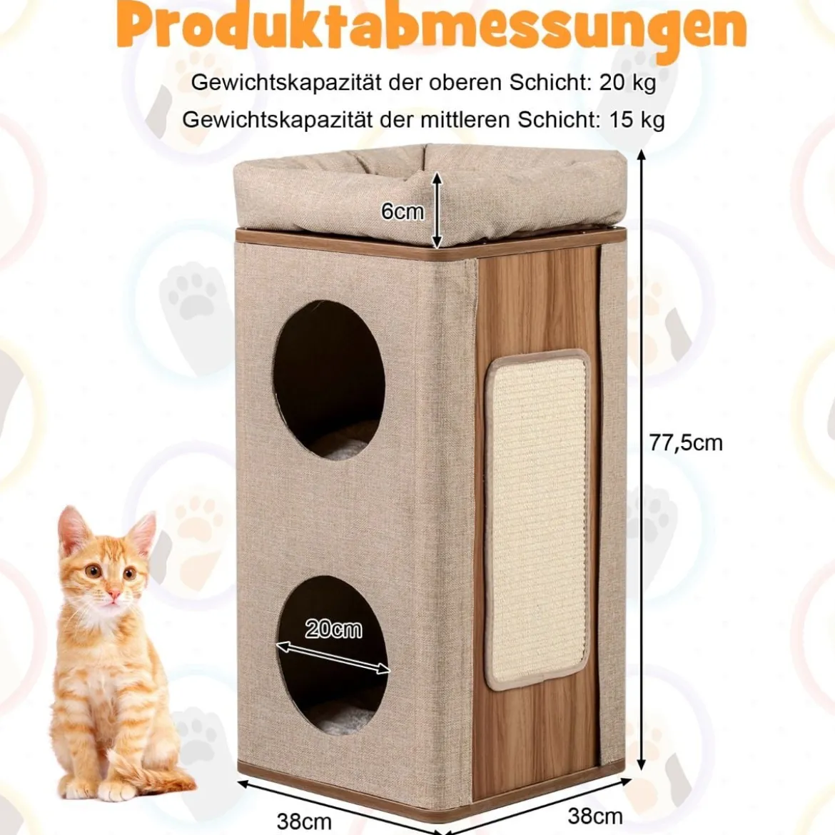 3-stöckige Kratztonne mit Kratzbrett & 3 Matten Kratzbaum für Katzen bis 20 kg Beige + Natur