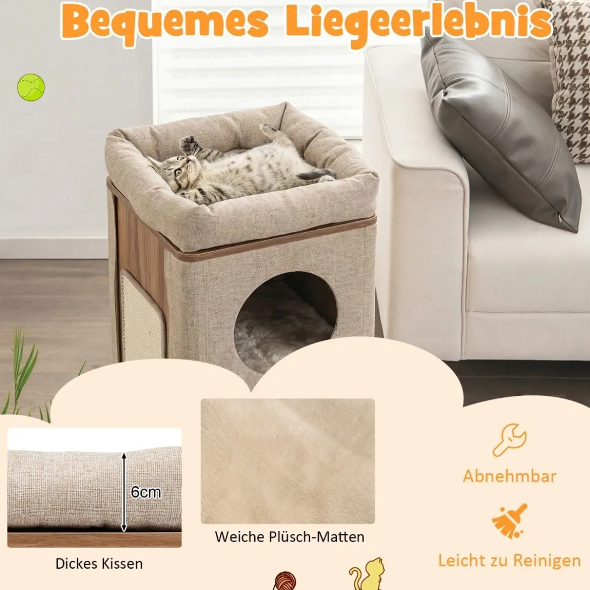 3-stöckige Kratztonne mit Kratzbrett & 3 Matten Kratzbaum für Katzen bis 20 kg Beige + Natur
