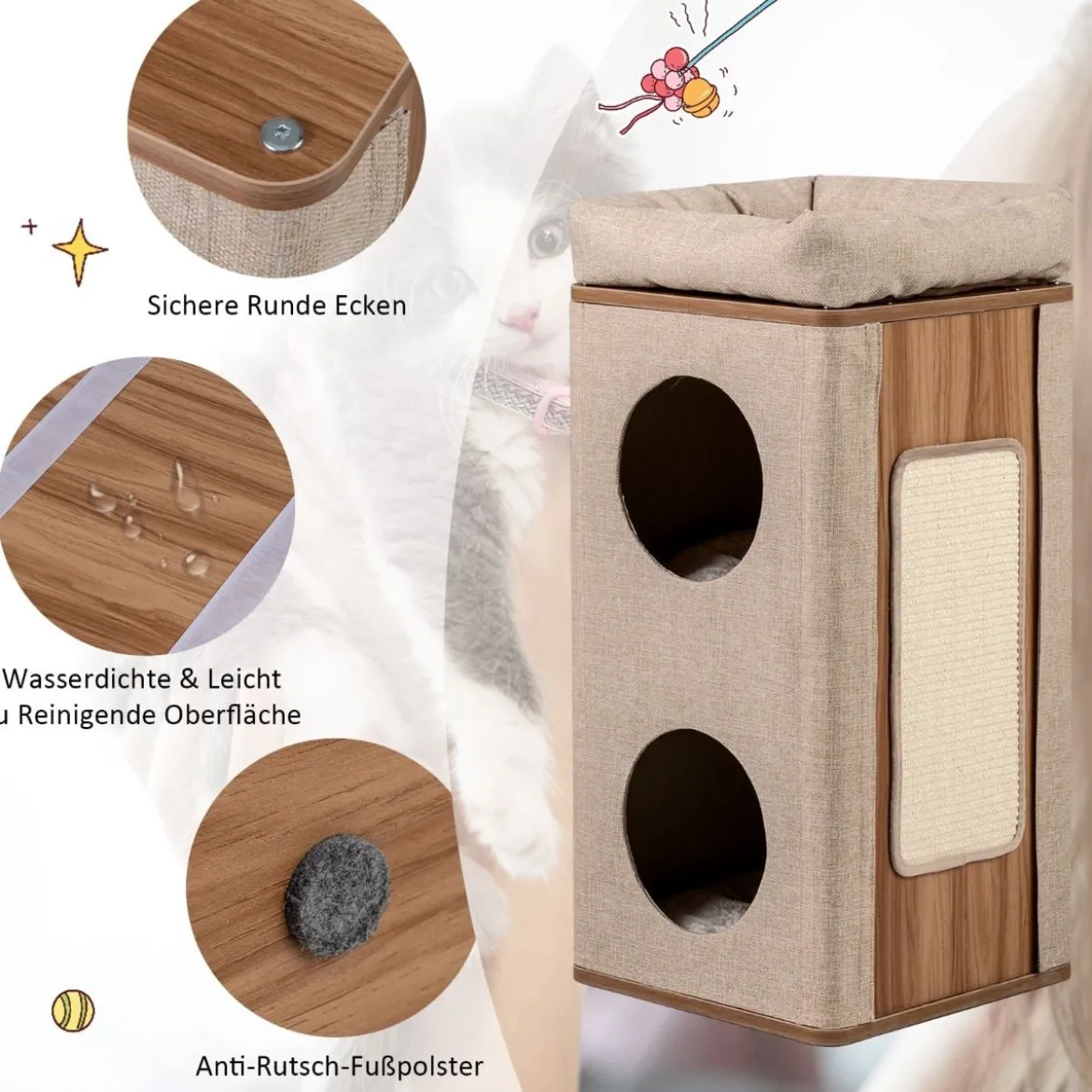 3-stöckige Kratztonne mit Kratzbrett & 3 Matten Kratzbaum für Katzen bis 20 kg Beige + Natur