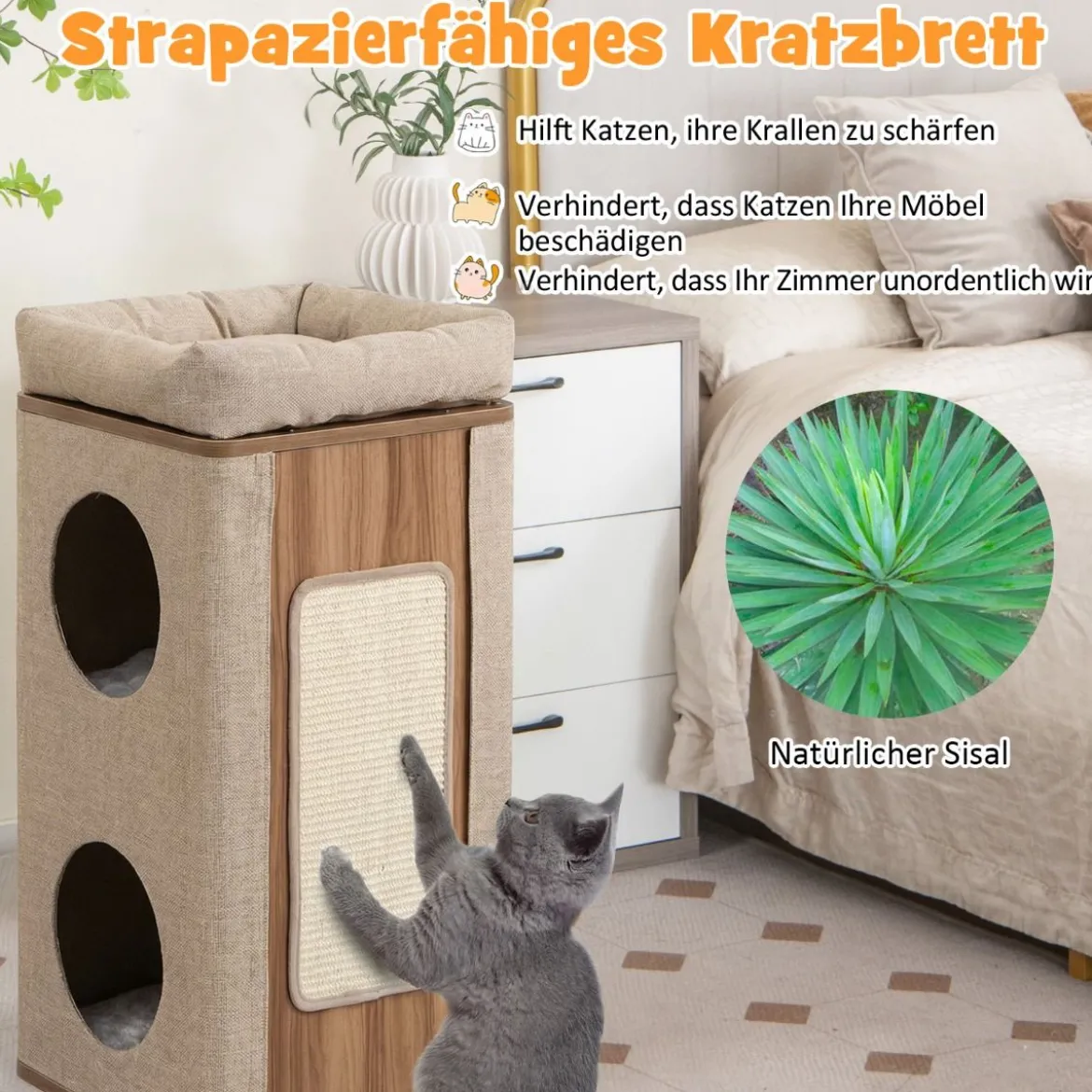 3-stöckige Kratztonne mit Kratzbrett & 3 Matten Kratzbaum für Katzen bis 20 kg Beige + Natur