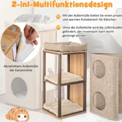 3-stöckige Kratztonne mit Kratzbrett & 3 Matten Kratzbaum für Katzen bis 20 kg Beige + Natur