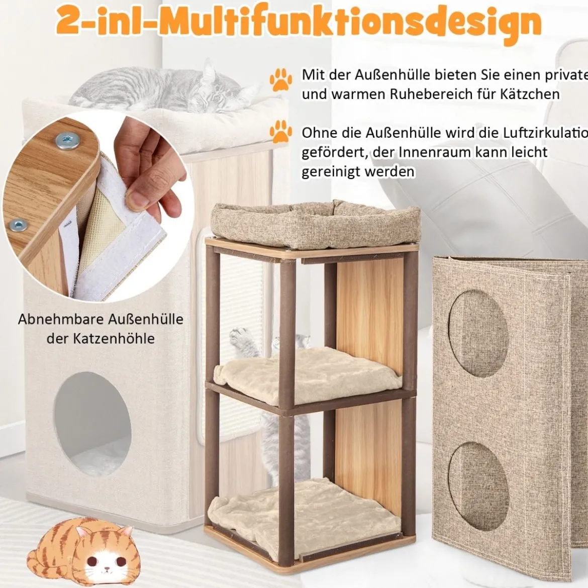 3-stöckige Kratztonne mit Kratzbrett & 3 Matten Kratzbaum für Katzen bis 20 kg Beige + Natur
