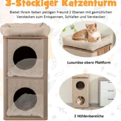 3-stöckige Kratztonne mit Kratzbrett & 3 Matten Kratzbaum für Katzen bis 20 kg Beige + Natur