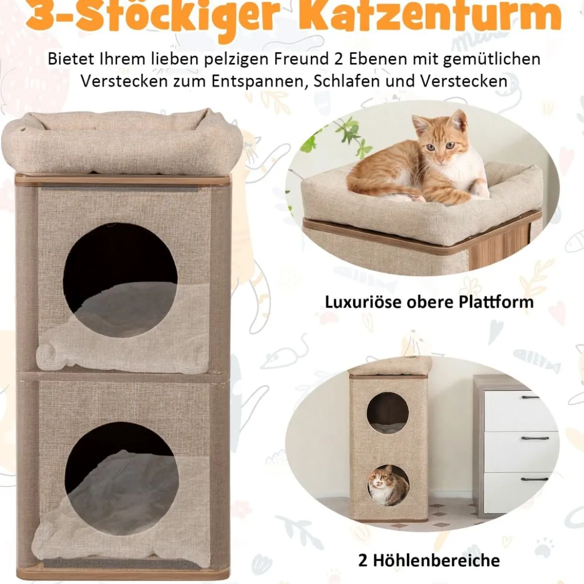 3-stöckige Kratztonne mit Kratzbrett & 3 Matten Kratzbaum für Katzen bis 20 kg Beige + Natur
