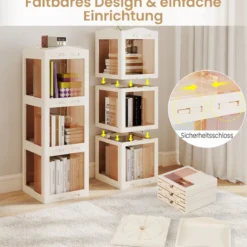 3-stöckiger Bücherregal 360° drehbares Standregal mit rutschfesten Fußpolster klappbares Aufbewahrungsregal Weiß