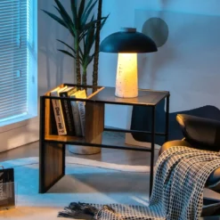 2-Stöckiger C-förmiger Beistelltisch mit Holzregal & Stahlrahmen für Wohn- / Schlafzimmer Eiche+Schwarz