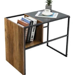 2-Stöckiger C-förmiger Beistelltisch mit Holzregal & Stahlrahmen für Wohn- / Schlafzimmer Eiche+Schwarz