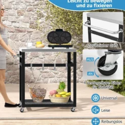 2-stöckiger Grillwagen aus Edelstahl mit Rädern & Griff & Haken Outdoor-Wagen Arbeitstisch