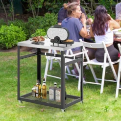 2-stöckiger Grillwagen aus Edelstahl mit Rädern & Griff & Haken Outdoor-Wagen Arbeitstisch