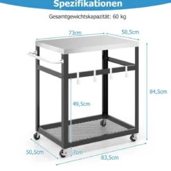 2-stöckiger Grillwagen aus Edelstahl mit Rädern & Griff & Haken Outdoor-Wagen Arbeitstisch