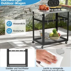 2-stöckiger Grillwagen aus Edelstahl mit Rädern & Griff & Haken Outdoor-Wagen Arbeitstisch