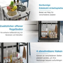 2-stöckiger Grillwagen aus Edelstahl mit Rädern & Griff & Haken Outdoor-Wagen Arbeitstisch