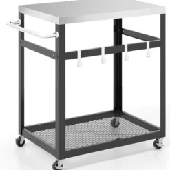 2-stöckiger Grillwagen aus Edelstahl mit Rädern & Griff & Haken Outdoor-Wagen Arbeitstisch