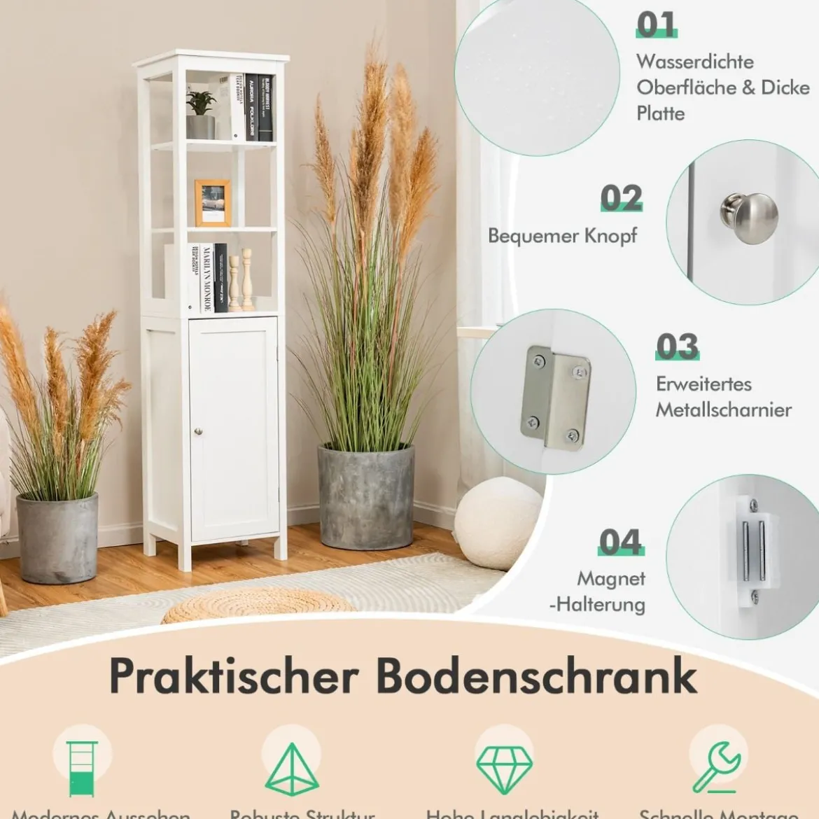 5-stöckiger Hochschrank schmal freistehender Badezimmerschrank für Wohnzimmer Badezimmer 40 x 32 x 161,5 cm Weiß/Grau/Schwarz