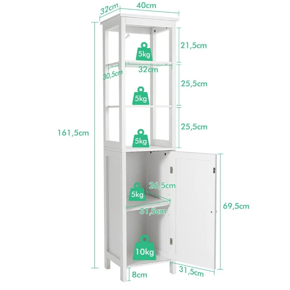 5-stöckiger Hochschrank schmal freistehender Badezimmerschrank für Wohnzimmer Badezimmer 40 x 32 x 161,5 cm Weiß/Grau/Schwarz