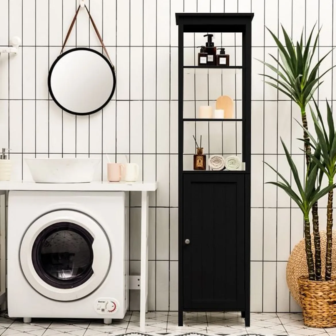 5-stöckiger Hochschrank schmal freistehender Badezimmerschrank für Wohnzimmer Badezimmer 40 x 32 x 161,5 cm Weiß/Grau/Schwarz