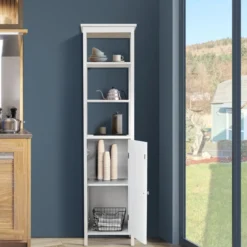 5-stöckiger Hochschrank schmal freistehender Badezimmerschrank für Wohnzimmer Badezimmer 40 x 32 x 161,5 cm Weiß/Grau/Schwarz