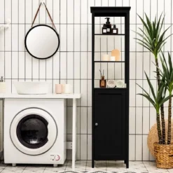 5-stöckiger Hochschrank schmal freistehender Badezimmerschrank für Wohnzimmer Badezimmer 40 x 32 x 161,5 cm Weiß/Grau/Schwarz