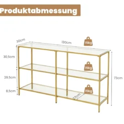 3-Stöckiger Konsolentisch aus Glas Glastisch mit Ablage 130 x 30 x 73 cm Gold