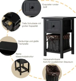 2-Stöckiger Nachttisch aus Holz mit Schublade und Korb Beistelltisch mit Ablage 31 x 28 x 45 cm Schwarz