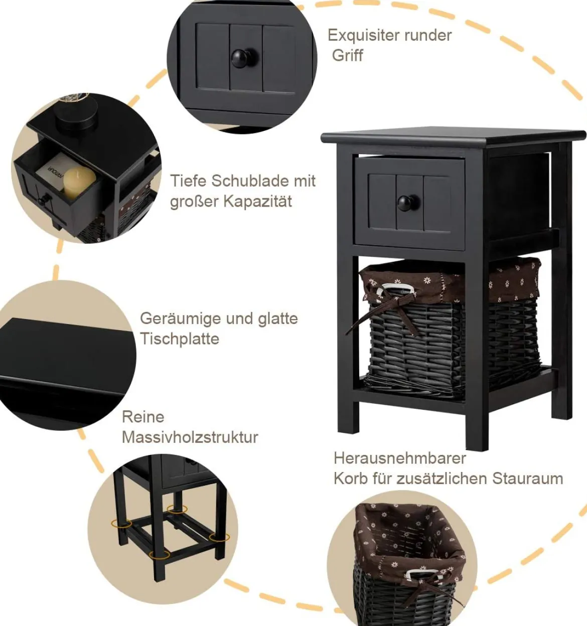 2-Stöckiger Nachttisch aus Holz mit Schublade und Korb Beistelltisch mit Ablage 31 x 28 x 45 cm Schwarz