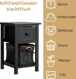 2-Stöckiger Nachttisch aus Holz mit Schublade und Korb Beistelltisch mit Ablage 31 x 28 x 45 cm Schwarz