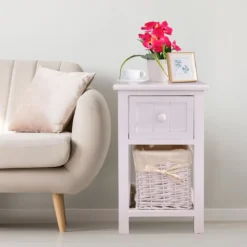 2-Stöckiger Nachttisch aus Holz mit Schublade und Korb stilvollenund modernen Design Ideal für das Schlaf- und Wohnzimmer Weiß